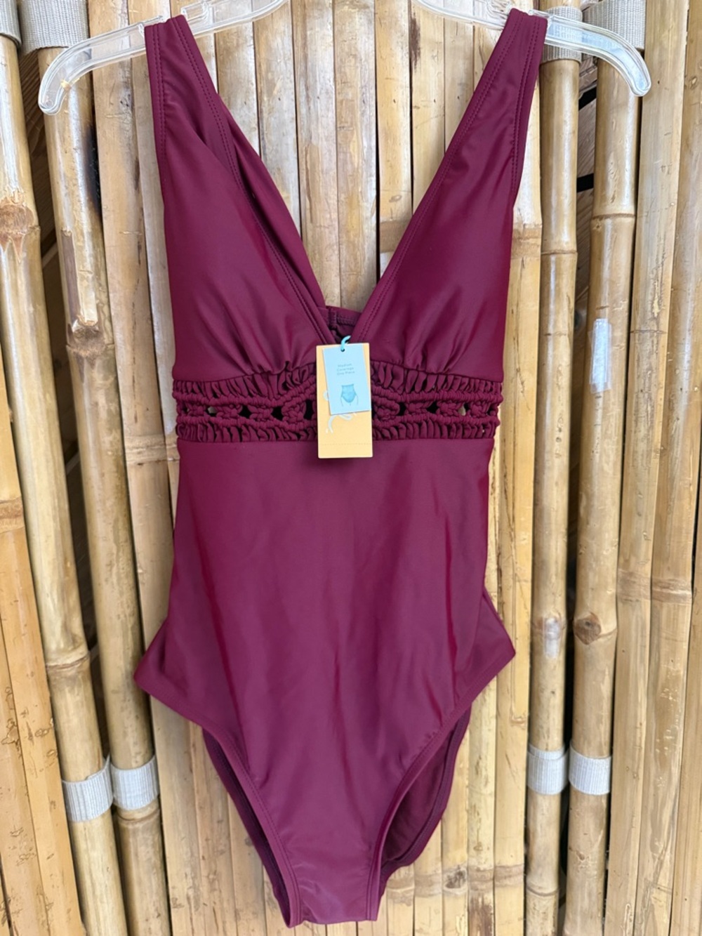 Kona Sol Wine Red One-Piece Swimsuit with Crochet Waistband NWT